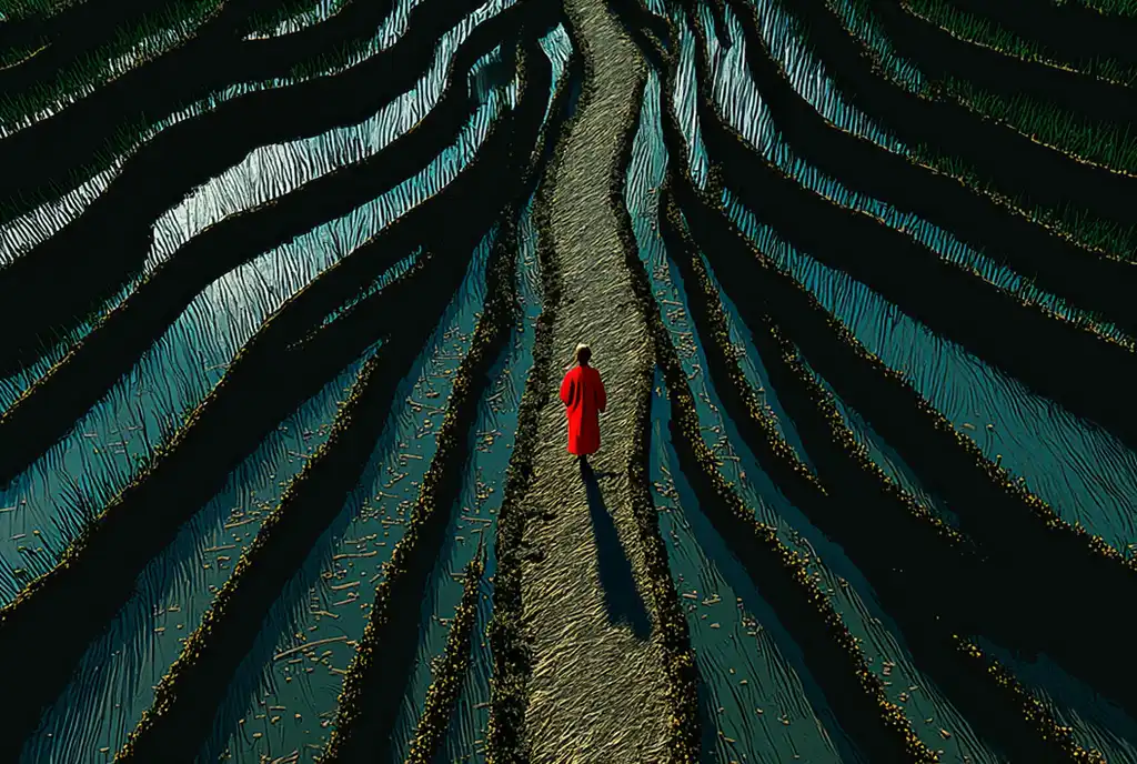 Pessoa de vermelho entre linhas orgânicas em tons de azul e preto