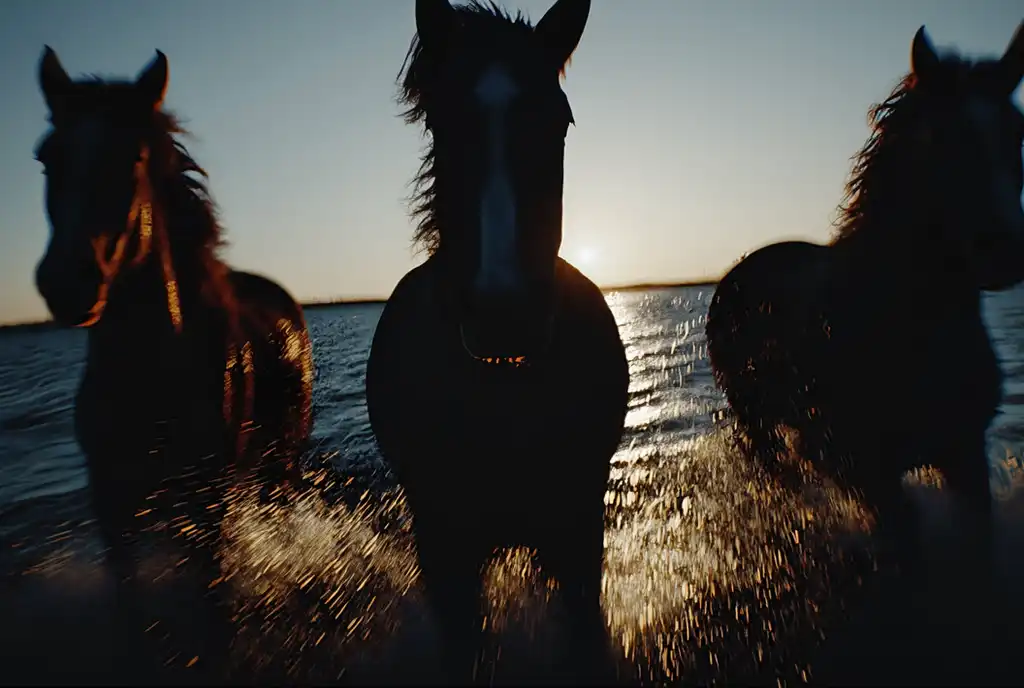 Cavalos pretos correndo na água sob luz dourada