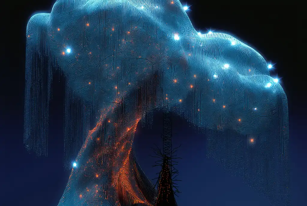 Árvore luminosa azul em uma paisagem noturna