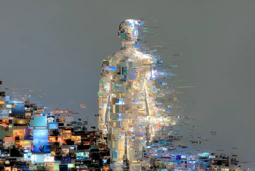 Silhueta humana formada por telas e fragmentos digitais