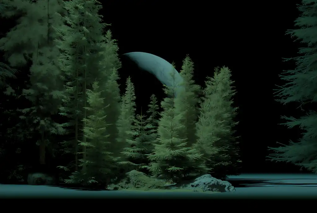 Floresta noturna verde-escura com lua ao fundo