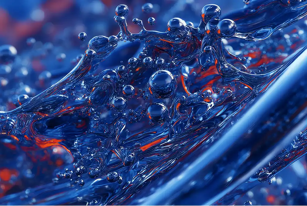Macro de líquido metálico azul com pequenos reflexos vermelhos